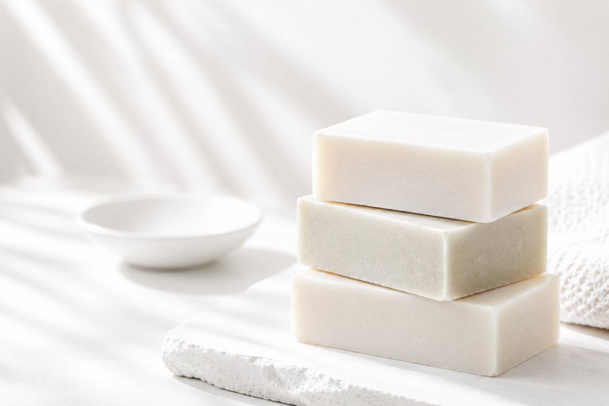Three bars of white soap stacked on a white towel with a white background